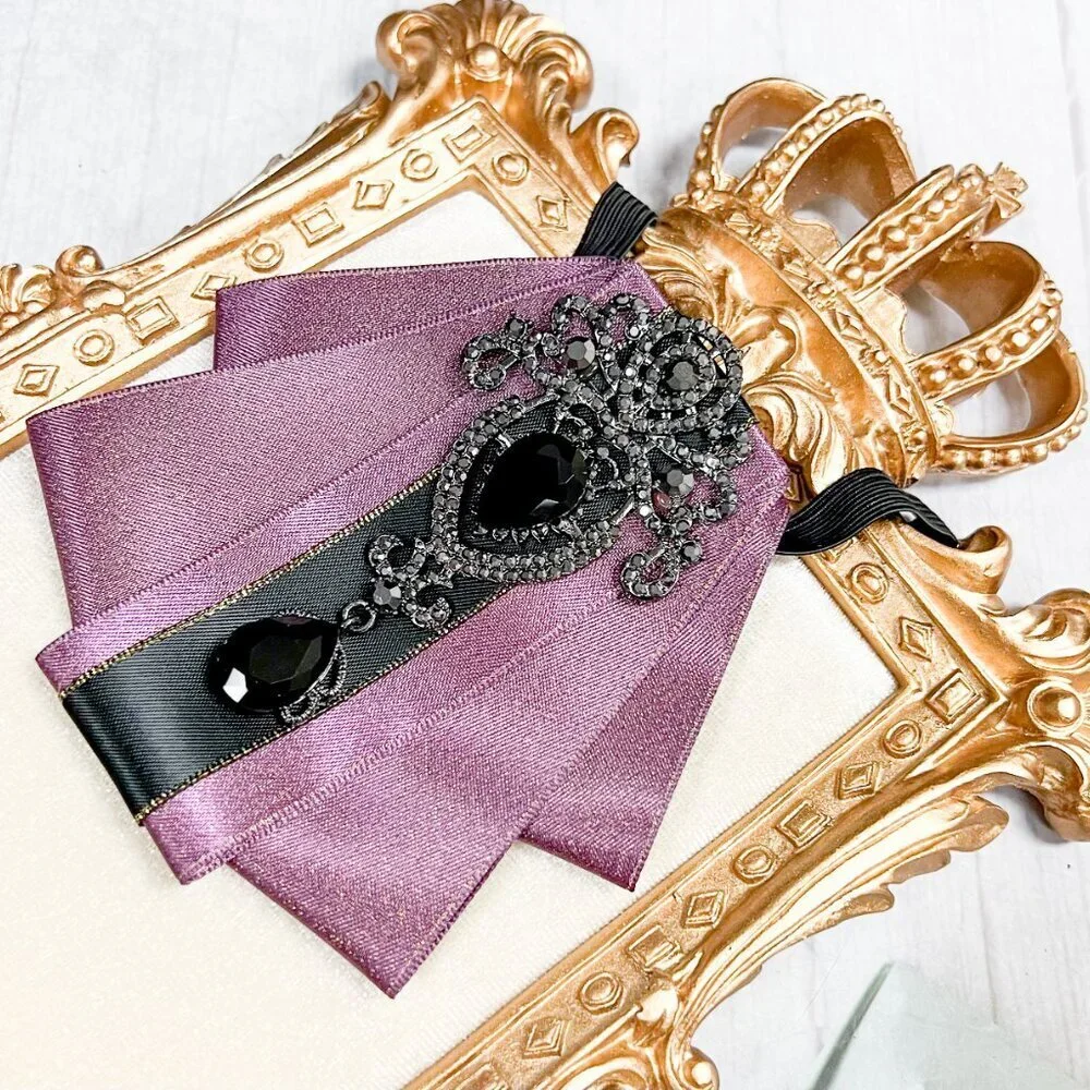 Purple crystal bowtie, Kid's Necktie, Black Crystal Brooch, Kids Size, 2 in 1